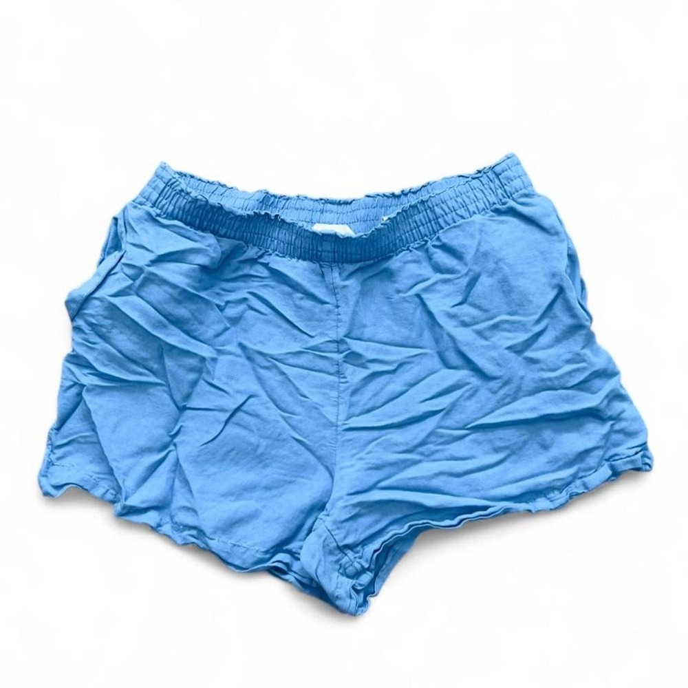 H&M Blue Linen Blend Elastic Waist Shorts Womens Large Pockets Summer Preppy